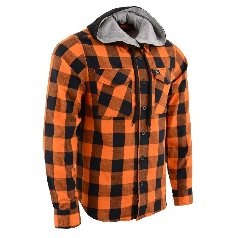 Unmissable Sale Milwaukee Leather Men's Flannel Plaid Shirt Orange and Black Long Sleeve Cotton Button Down with Hoodie MNG11642