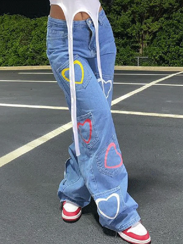 Super Bargain Heart Print Pocket Patch Jeans
