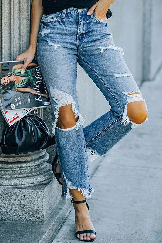 Super Sale Sky Blue Ripped Knee Hole High Waist Jeans