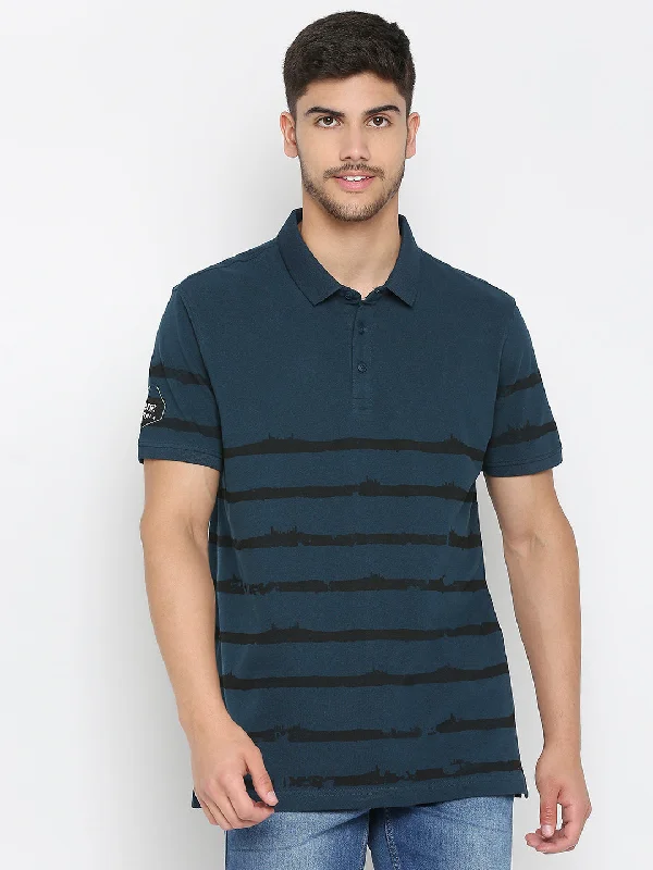 Super Sale Spykar Teal Blue Cotton Half Sleeve Printed Polo T-Shirt For Men