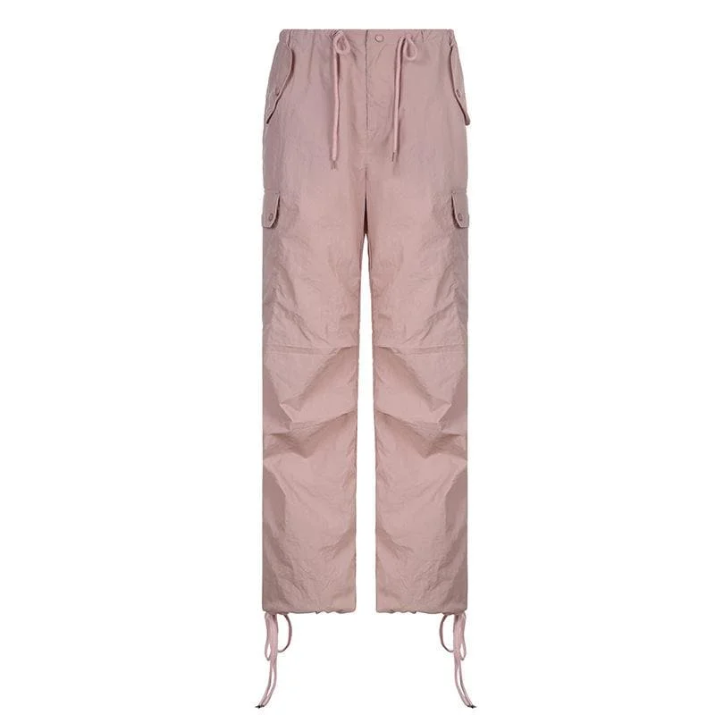 Low Price Drawstring low rise solid pocket cargo straight leg baggy pant - Final Sale