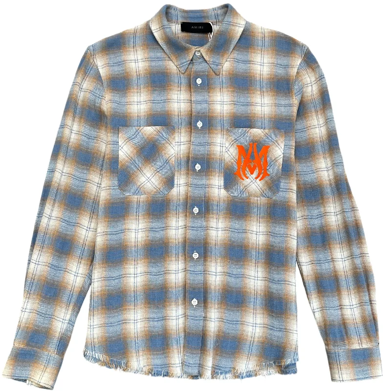 Price Drop Men's Checked Logo Printed Flannel OverShirt Blue Size M