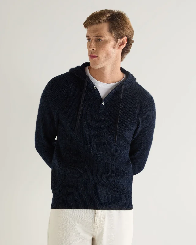 Weekend Shopping Bliss Men's Balham Rib Hooded Cashmere Jumper Navy Blue Melange