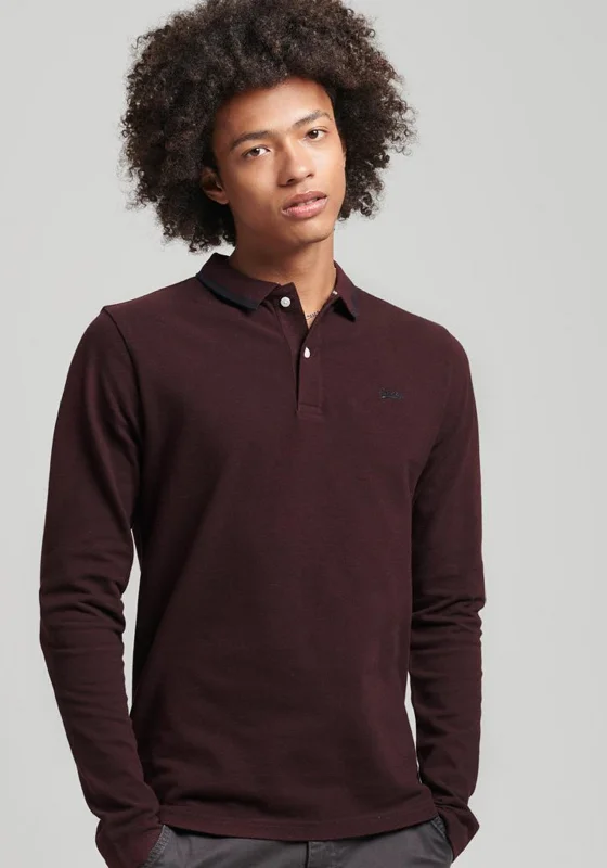 Special Offer Superdry Vintage Tipped Long Sleeve Polo Shirt, Rich Deep Burgundy