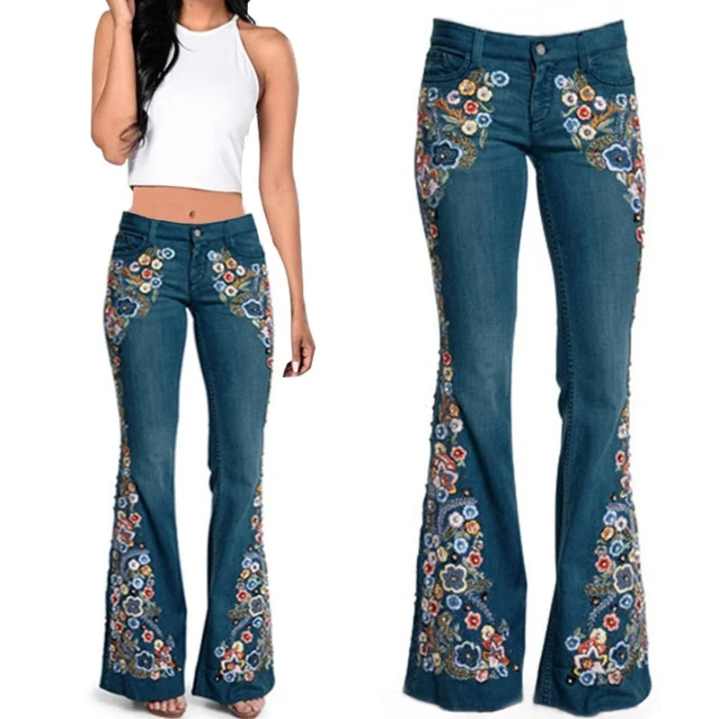 Weekend Specials to Enjoy CityHottie - Trends Hot Sale Women Embroidered Bell Bottoms Skinny Jeans Floral Flared Jeans Ladies Spring Casual Denim Pants XS-4XL