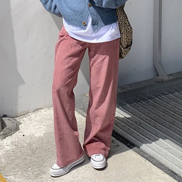 Shop and Save CityHottie - Beige Corduroy Wide Leg Pants Women Korean Style Soft Girl Pink Spring Plus Size Black Trousers For Female Oversize