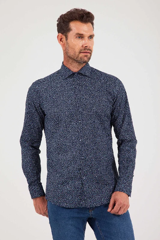 Weekend Savings Bonanza Regular Fit Printed Cotton Blend Navy Casual Shirt