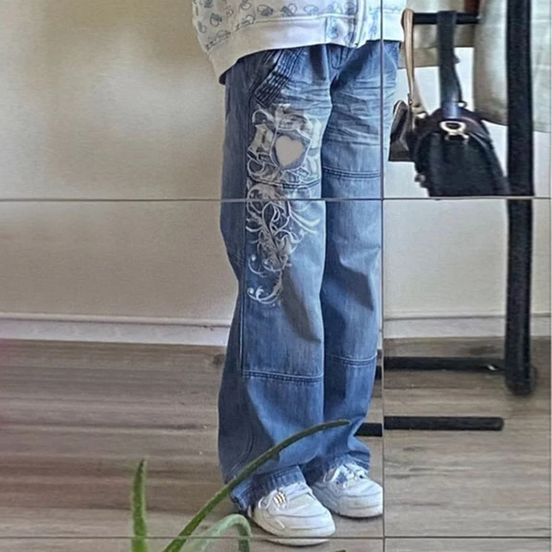 Weekend Offers That Please CityHottie - Spring Y2K European and American street simple printing low-waist button jeans women casual loose and thin wide-leg straight-leg pants