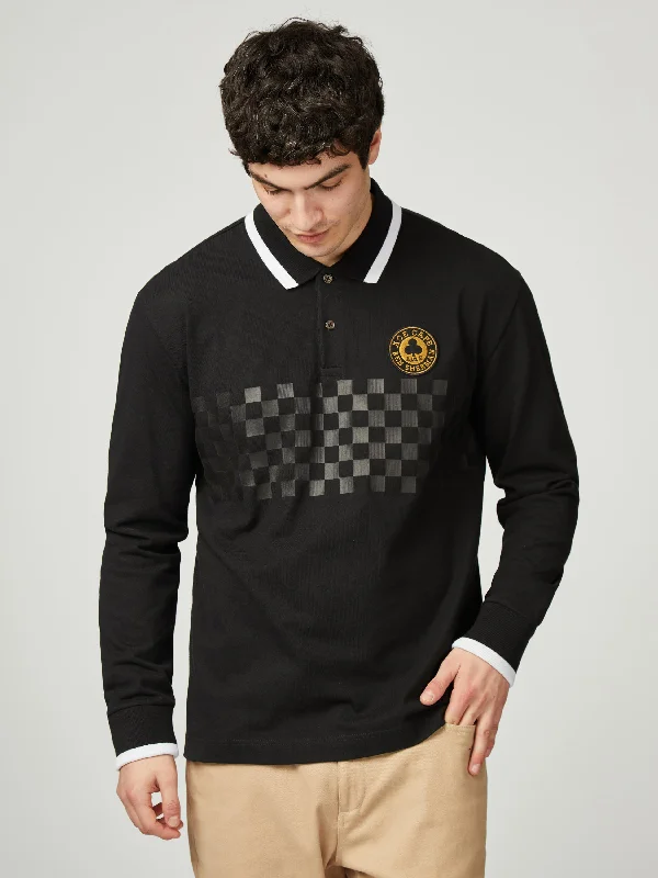 Weekend Specials to Savor Ace Cafe Chequerboard Long Sleeve Polo - Black