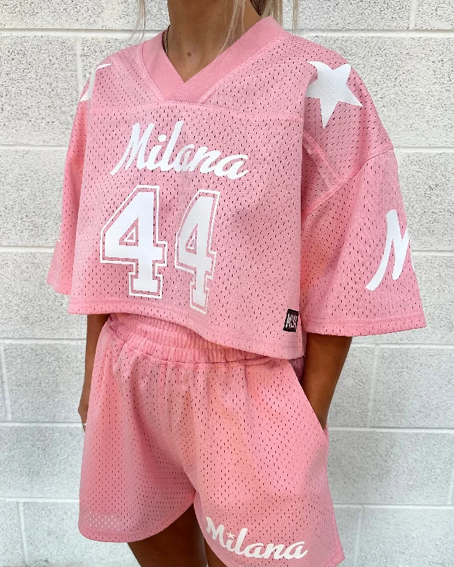 Incredible Offers Baby Pink Mesh Cropped Jersey.