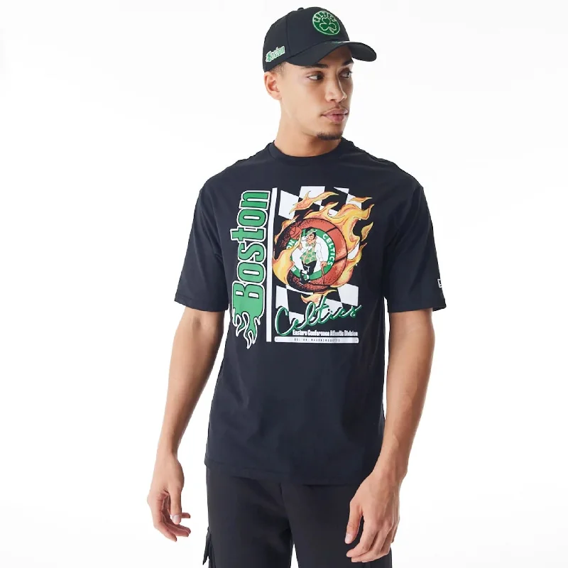 Weekend Discounts to Snag Boston Celtics NBA Flame Print Black Oversized T-Shirt