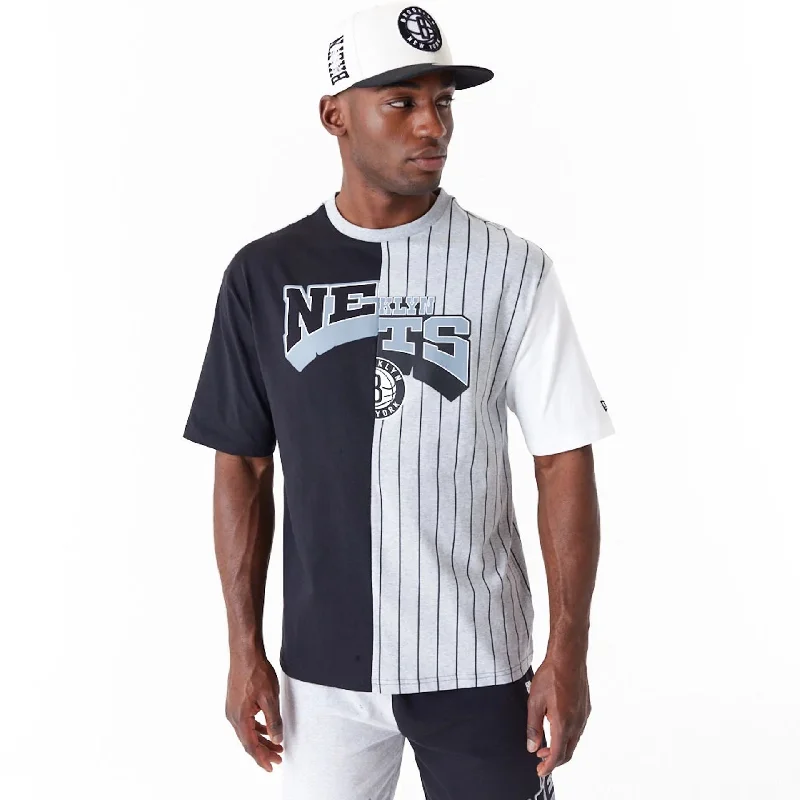 Exclusive Deal Brooklyn Nets NBA Half Pinstripe Grey Oversized T-Shirt