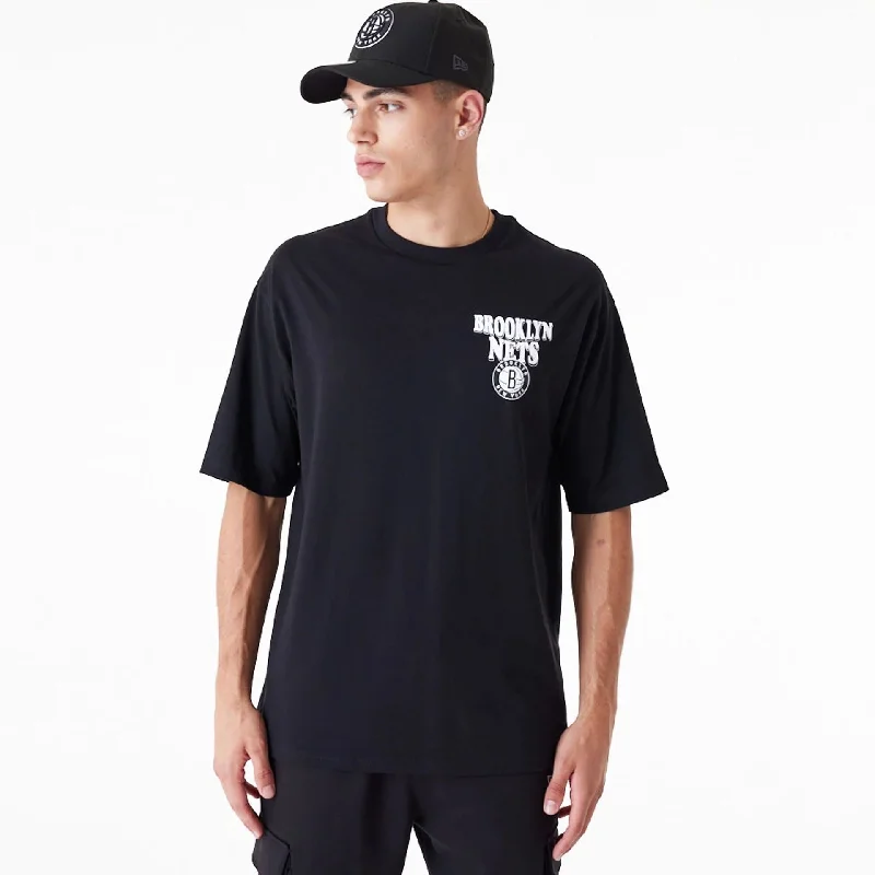 Huge Discounts Brooklyn Nets NBA Script Black Oversized T-Shirt