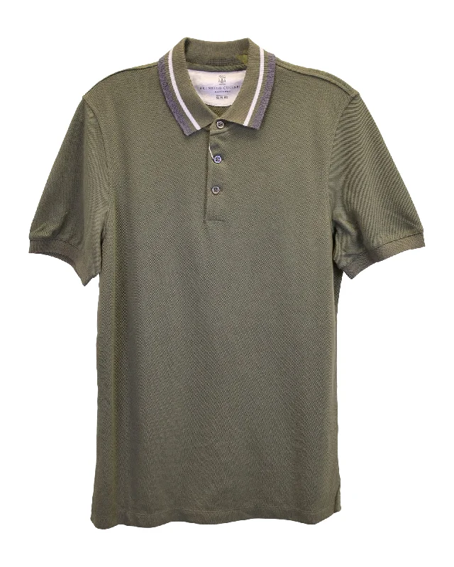 Year-End Clearance Brunello Cucinelli Polo Shirt in Army Green Cotton Pique