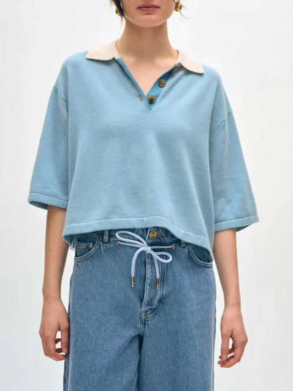 Weekend Bargains to Sizzle Cashmere Cropped Polo Shirt In Slate Blue