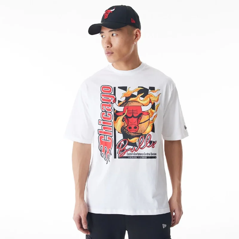 Weekend Deals That Wow Chicago Bulls NBA Flame Print White Oversized T-Shirt