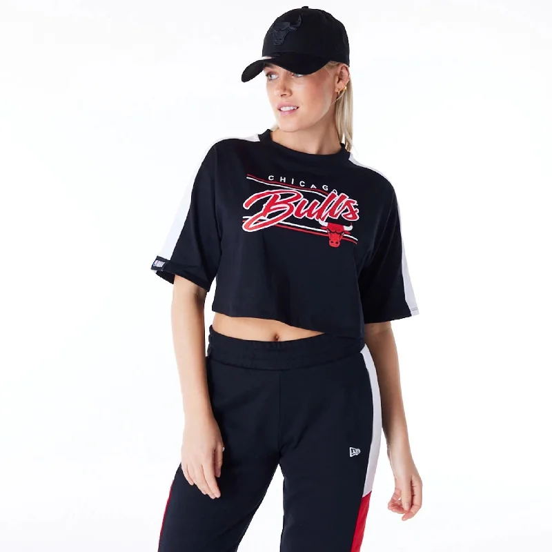 Weekend Discounts to Savor Chicago Bulls Womens NBA Colour Block Black Crop T-Shirt
