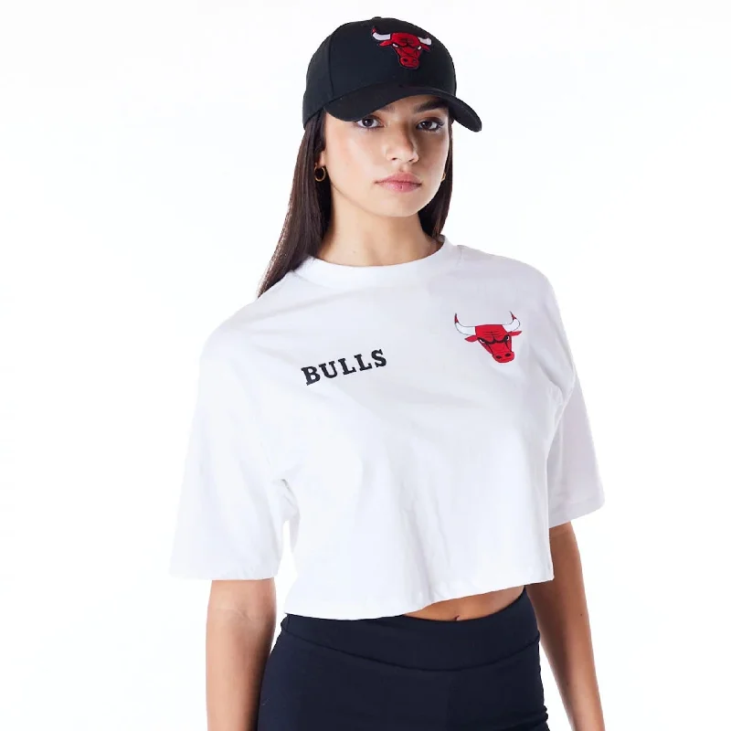 Celebrate the Weekend with Discounts Chicago Bulls Womens NBA Team Logo Wordmark White Crop T-Shirt