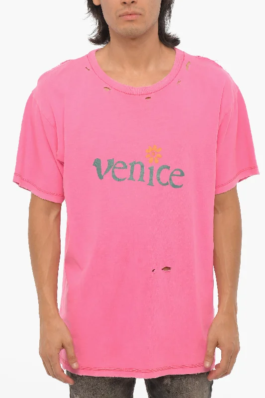 Mega Sale Erl Vintage Effect Cotton and Linen VENICE BE NICE Crew-neck T-S
