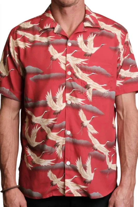 Hurry In Hawaiian Crane Button Up Shirt In Red