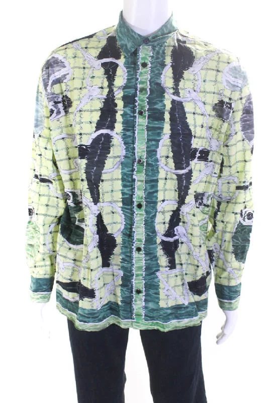 Bargain Bin Hermes Mens Button Front Check Smokey Stirrup Print Shirt Green Gray