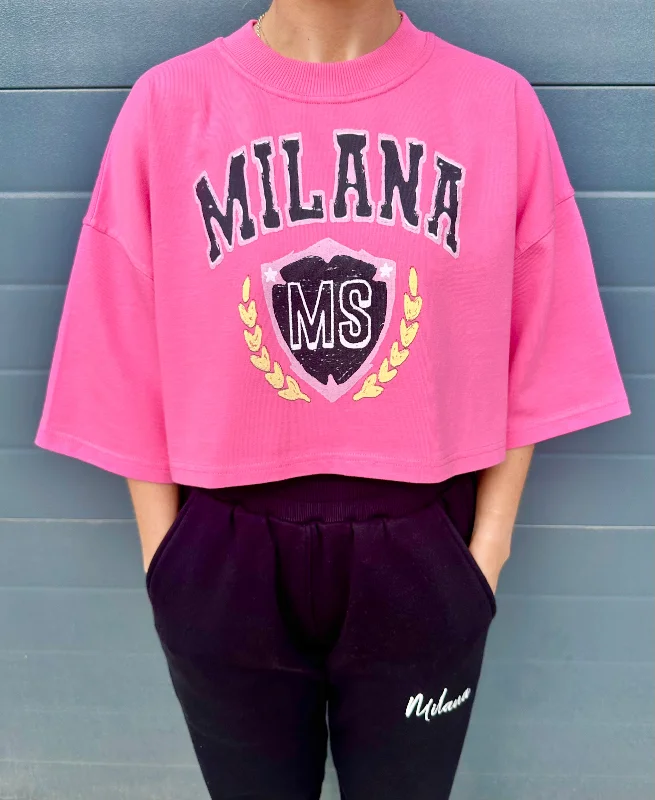Weekend Specials to Cherish Hot Pink Crest Cropped Heavyweight T-shirt.