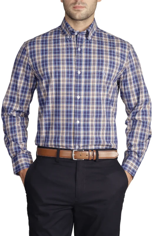 Take Action Khaki Check Cotton Stretch Long Sleeve Shirt