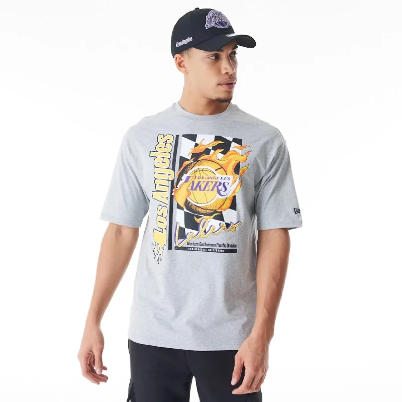 Weekend Savings Delight LA Lakers NBA Flame Print Grey Oversized T-Shirt