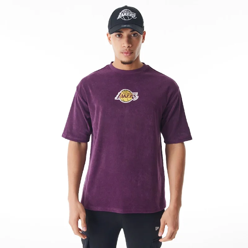 Weekend Discounts to Enjoy LA Lakers NBA Lifestyle Velour Dark Purple Oversized T-Shirt