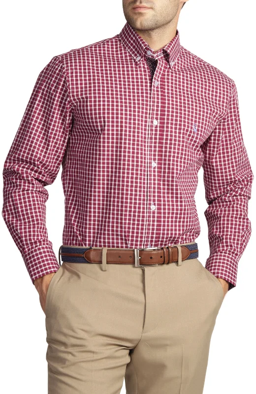 Quick Deals Merlot Mini Windowpane Cotton Stretch Long Sleeve Shirt