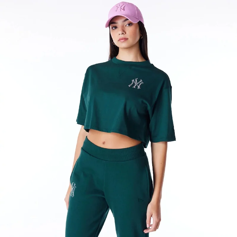 Savings Galore New York Yankees Womens MLB Diamante Dark Green Crop T-Shirt