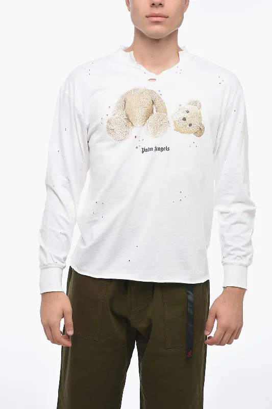 Limited Time Discount Palm Angels Crew Neck BEAR Distressed Cotton T-Shirt