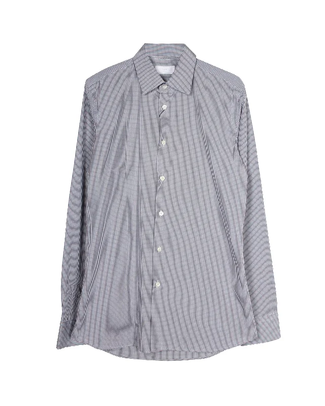 Limited Quantity Prada Checked Button Up Long Sleeve Shirt in Grey Cotton
