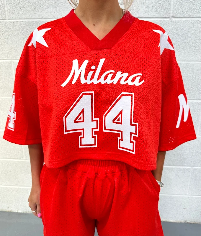 One-DAY Sale Red Mesh Cropped Jersey.