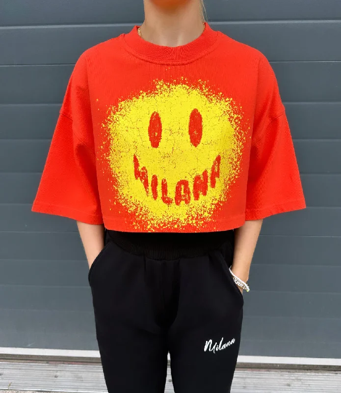 Hurry In Red Splatter Smiley Cropped Heavyweight T-shirt.