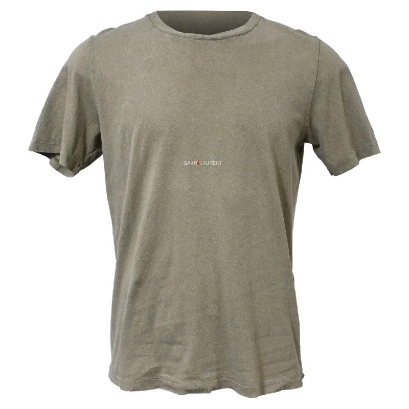 Unwind with Weekend Discounts Saint Laurent Logo-Print Distressed-Effect T-shirt in Khaki Cotton