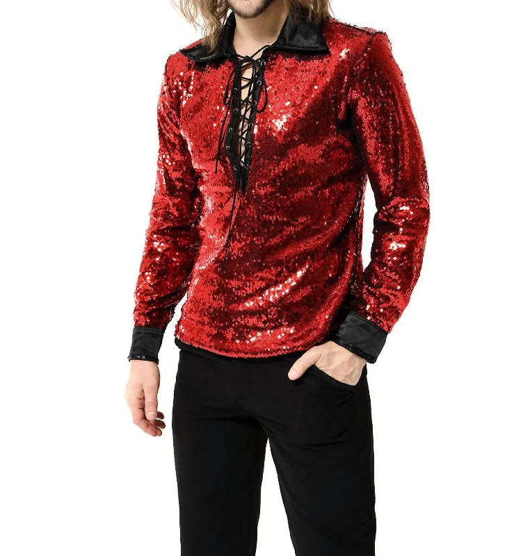 Weekend Savings Sensation Sequin Gothic Heavy Metal Rock Shirt In Red
