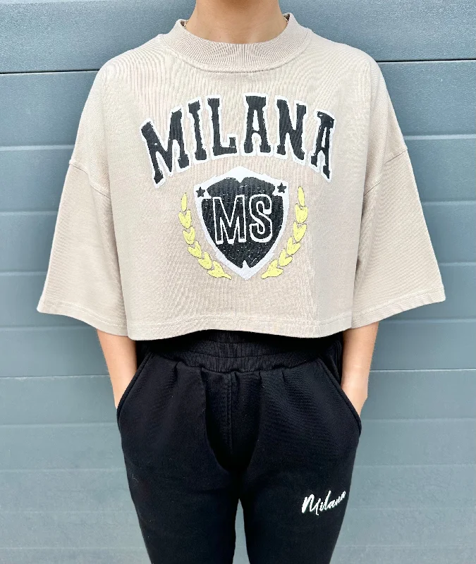 Weekend Deals That Excite Taupe Crest Cropped Heavyweight T-shirt.