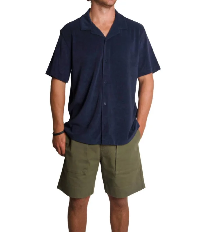 Weekend Savings Sensation Terry Cabana Short Sleeve Button Down Shirt In Navy