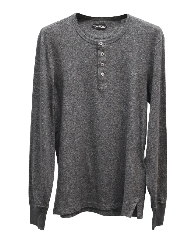 Weekend Wonders Await! Tom Ford Buttoned-Up Long Sleeve T-Shirt in Grey Cotton