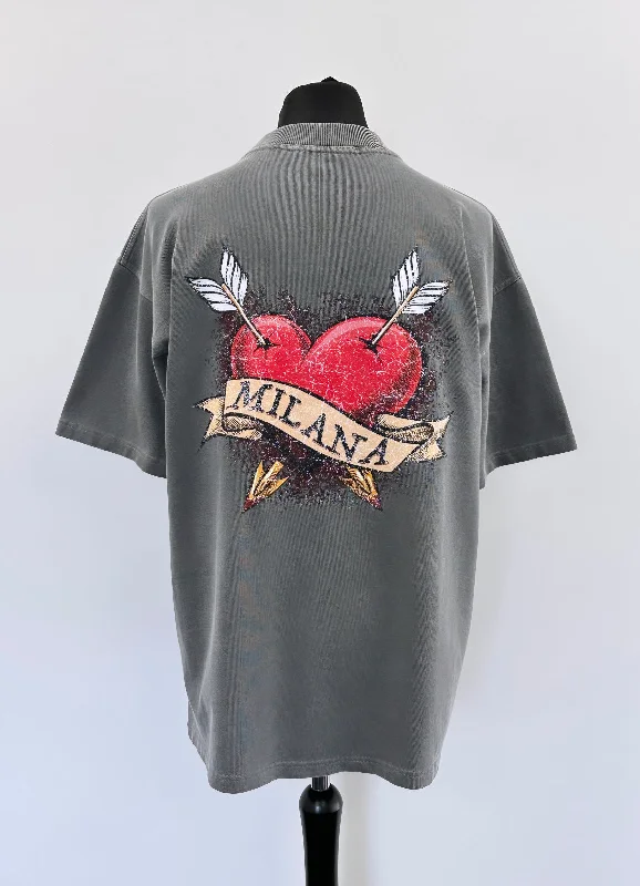 Closeout Deal Washed Charcoal Heart Script Heavyweight T-shirt.