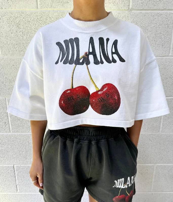 Savings Bonanza White Cherry Cropped Heavyweight T-shirt.