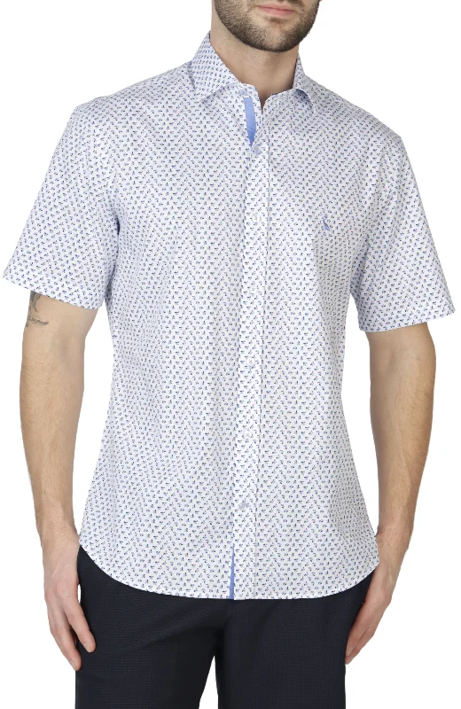Big Deal White Geo Floral Cotton Stretch Short Sleeve Shirt