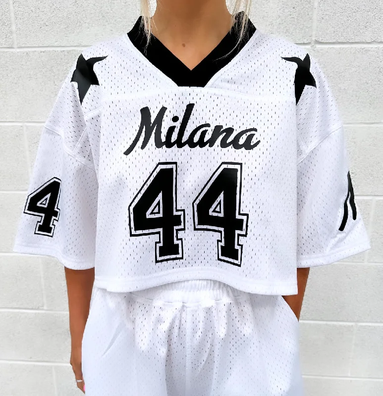 Exclusive Offers White Mesh Cropped Jersey.